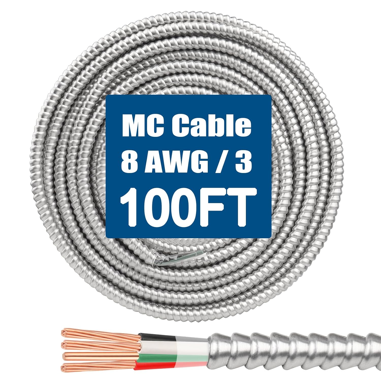 8/3 MC Cable with Ground - 100FT Pure Copper 8AWG/3 Wire