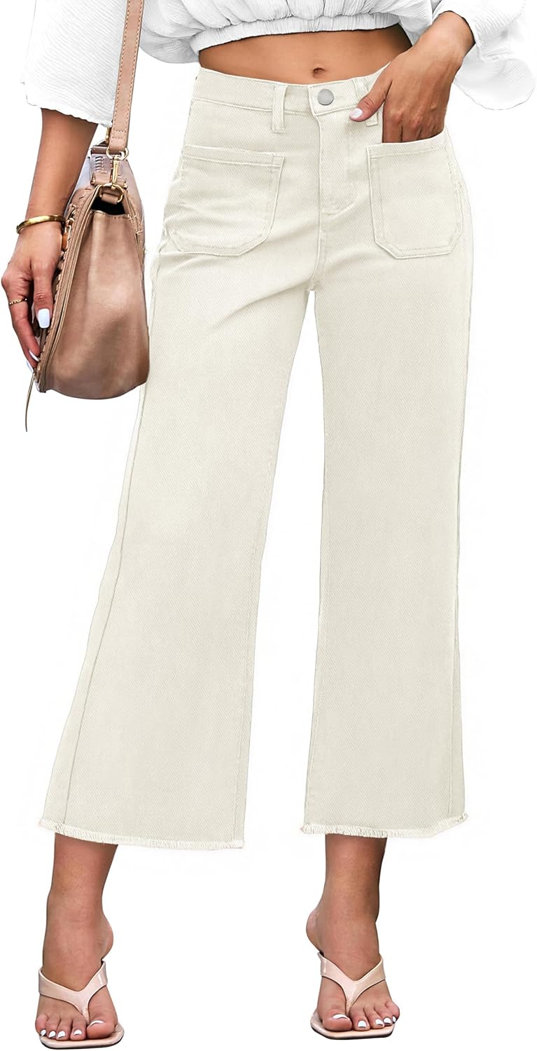 Denim Women Cropped Trousers High Rise Stretchy Pants with Pockets