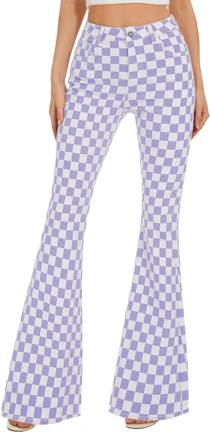 Stylish High Waisted Purple Plaid Bell Bottom Jeans for Women