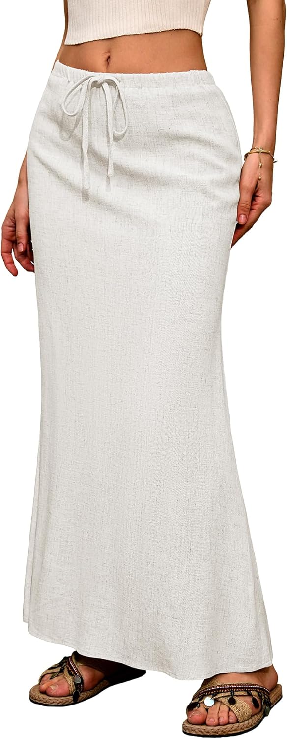 ELLEVEN Linen Flared Maxi Skirt with Back Slit for Summer Style