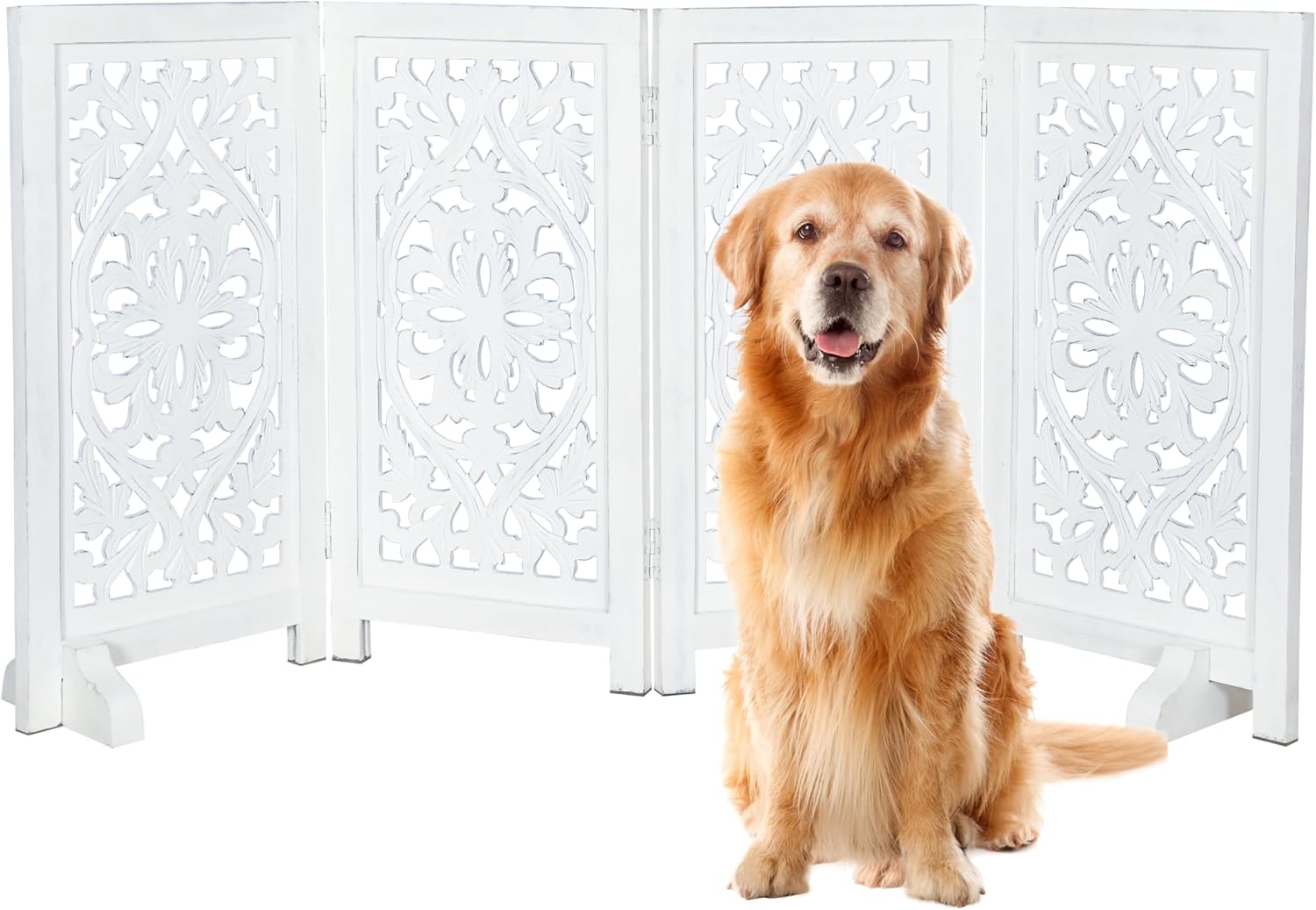 Antique White 4-Panel Wooden Dog Gate with Feeding Station
