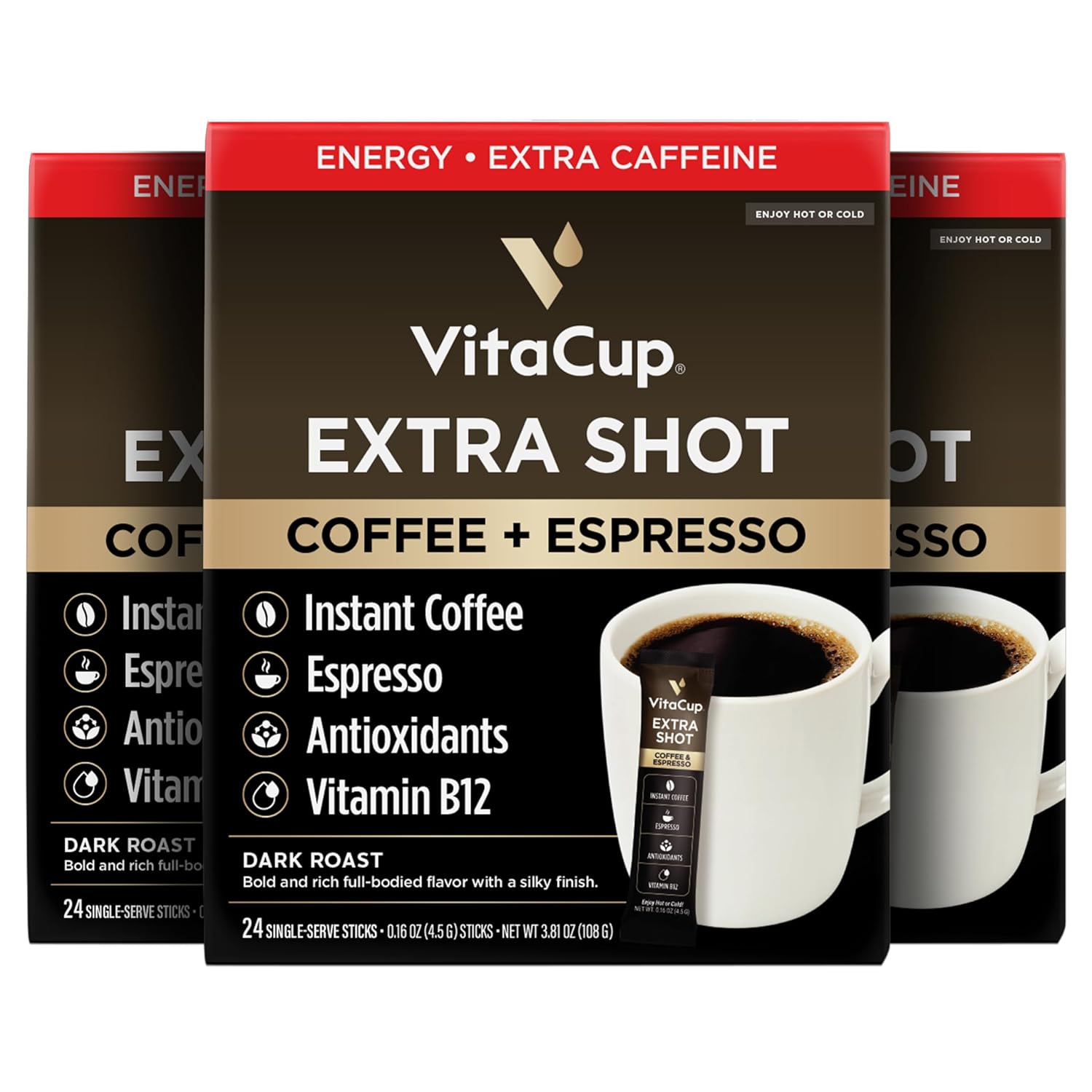 VitaCup Extra Shot Instant Coffee Packets for Bold Mornings