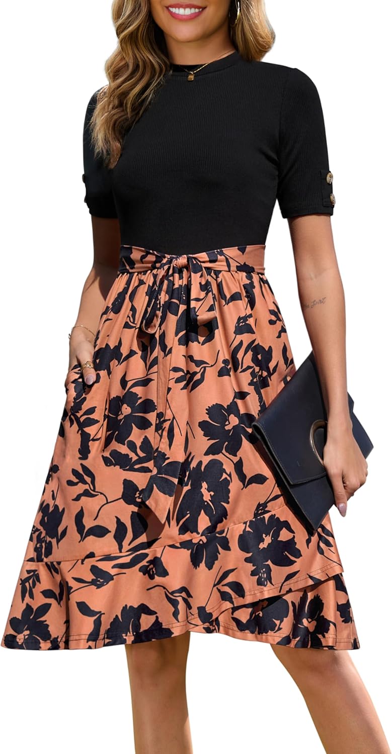 Annebouti Womens Short Sleeve Midi Dress with Pockets for Summer