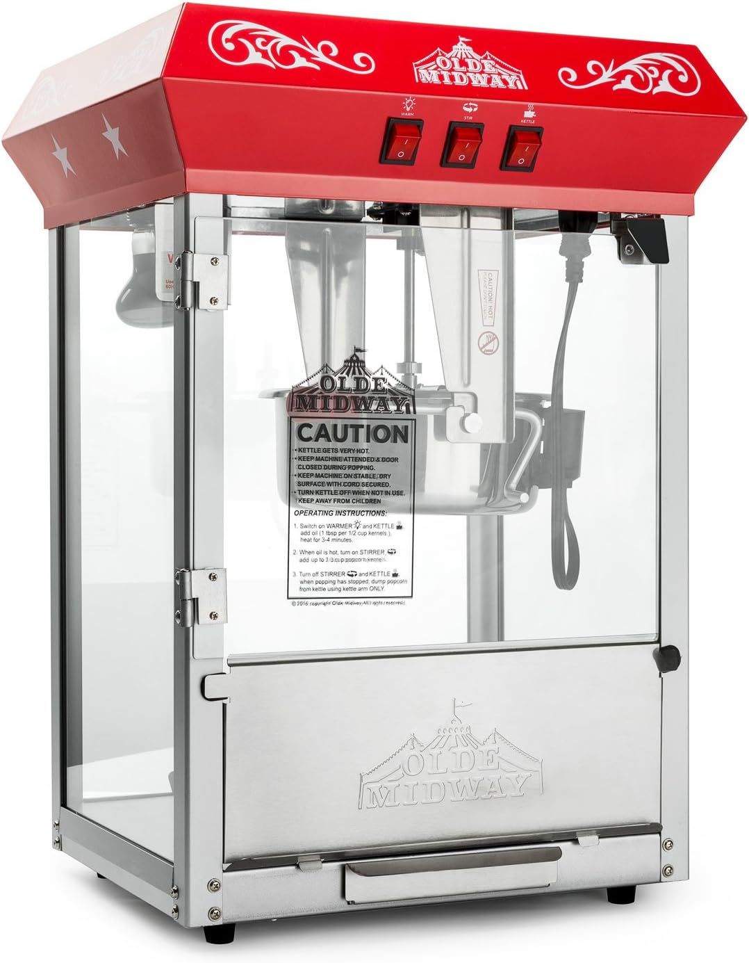 Olde Midway Red Popcorn Maker - 10oz Kettle for Bar-Style Popcorn