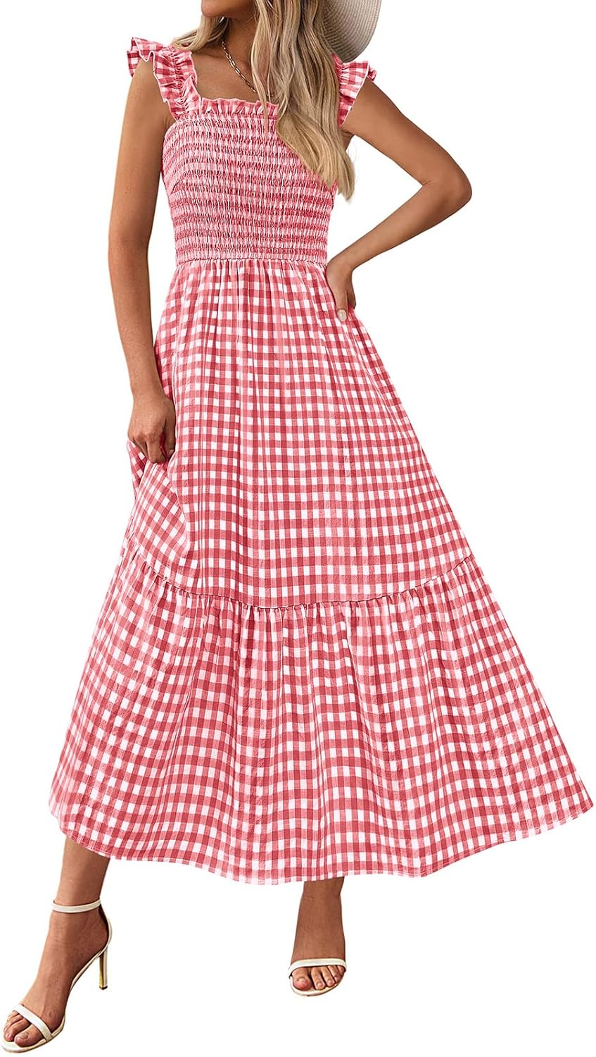 PRETTYGARDEN Womens Summer Dress Casual Square Neck Ruffle Strap