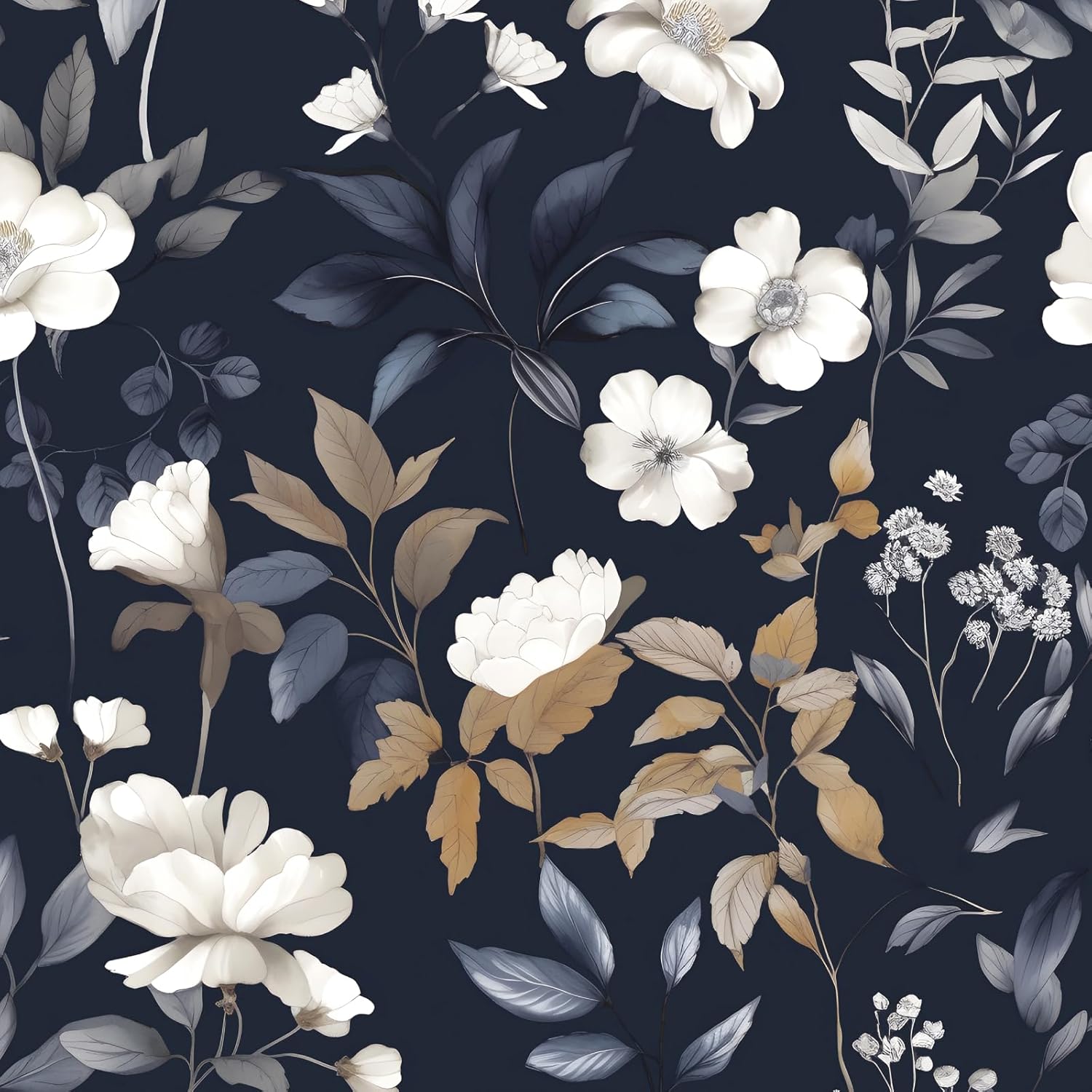 Dark Blue Floral Peel and Stick Wallpaper for Home Decor