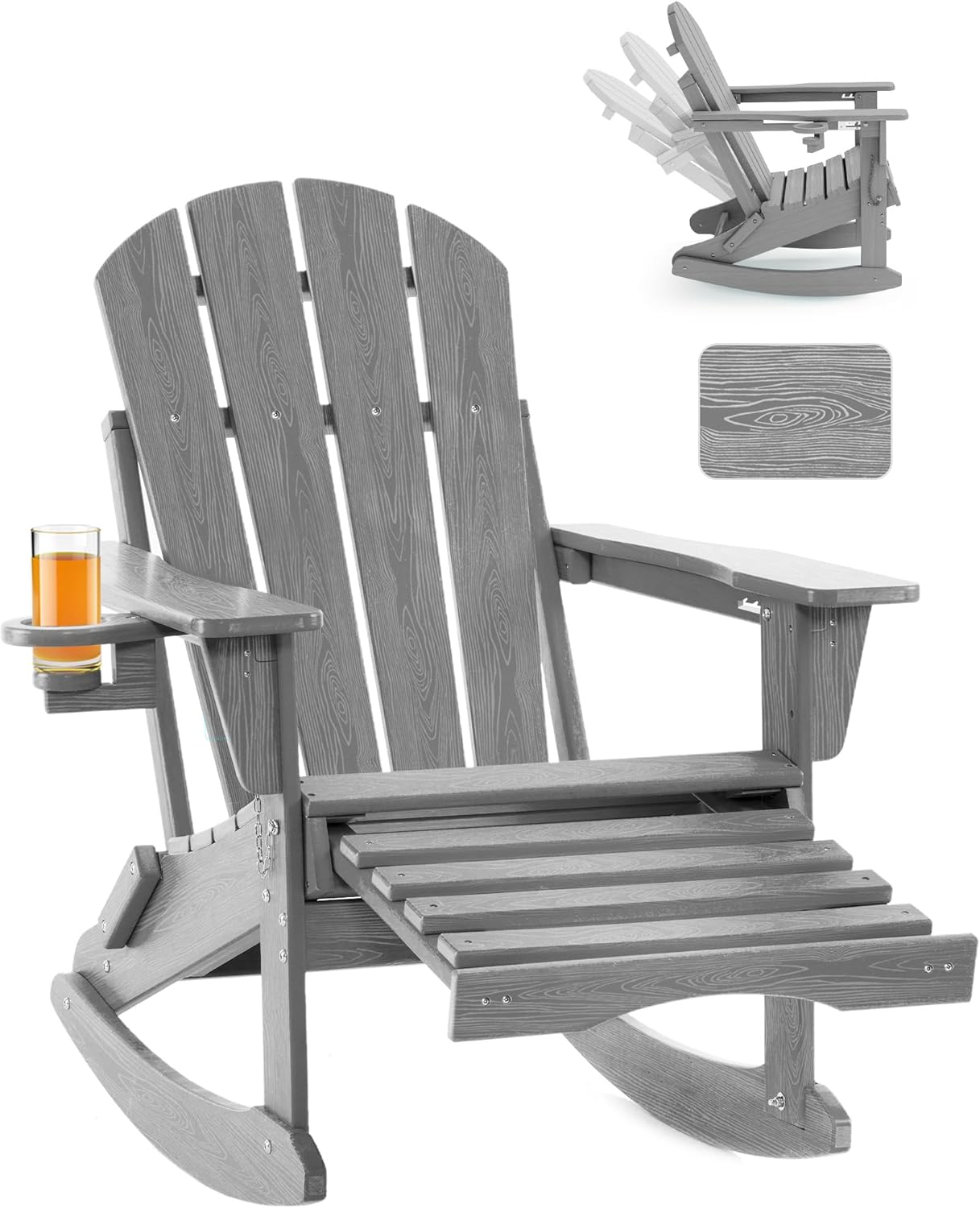 Adjustable Adirondack Rocking Chair with Ottoman for Outdoors