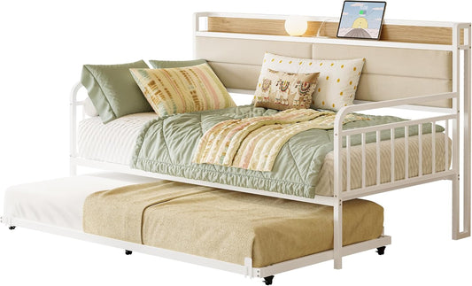 Sturdy Metal Twin Daybed with Trundle and Charging Station
