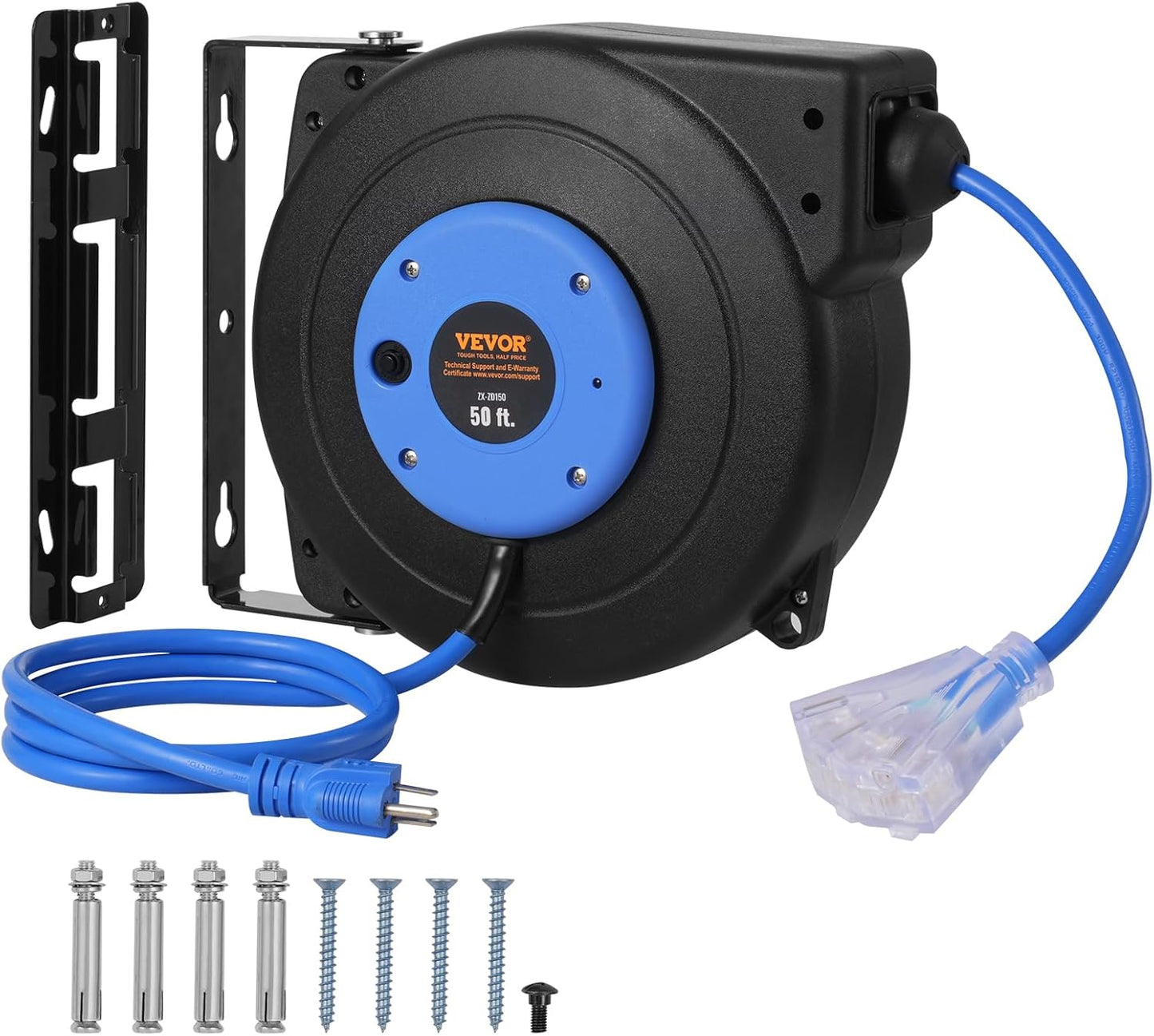 VEVOR 50FT Retractable Extension Cord Reel with 3-Outlet Socket