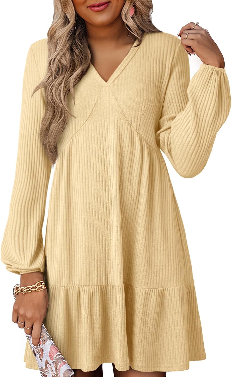 Dokotoo Fall Dresses for Women 2025 Long Sleeve V Neck Mini Dress