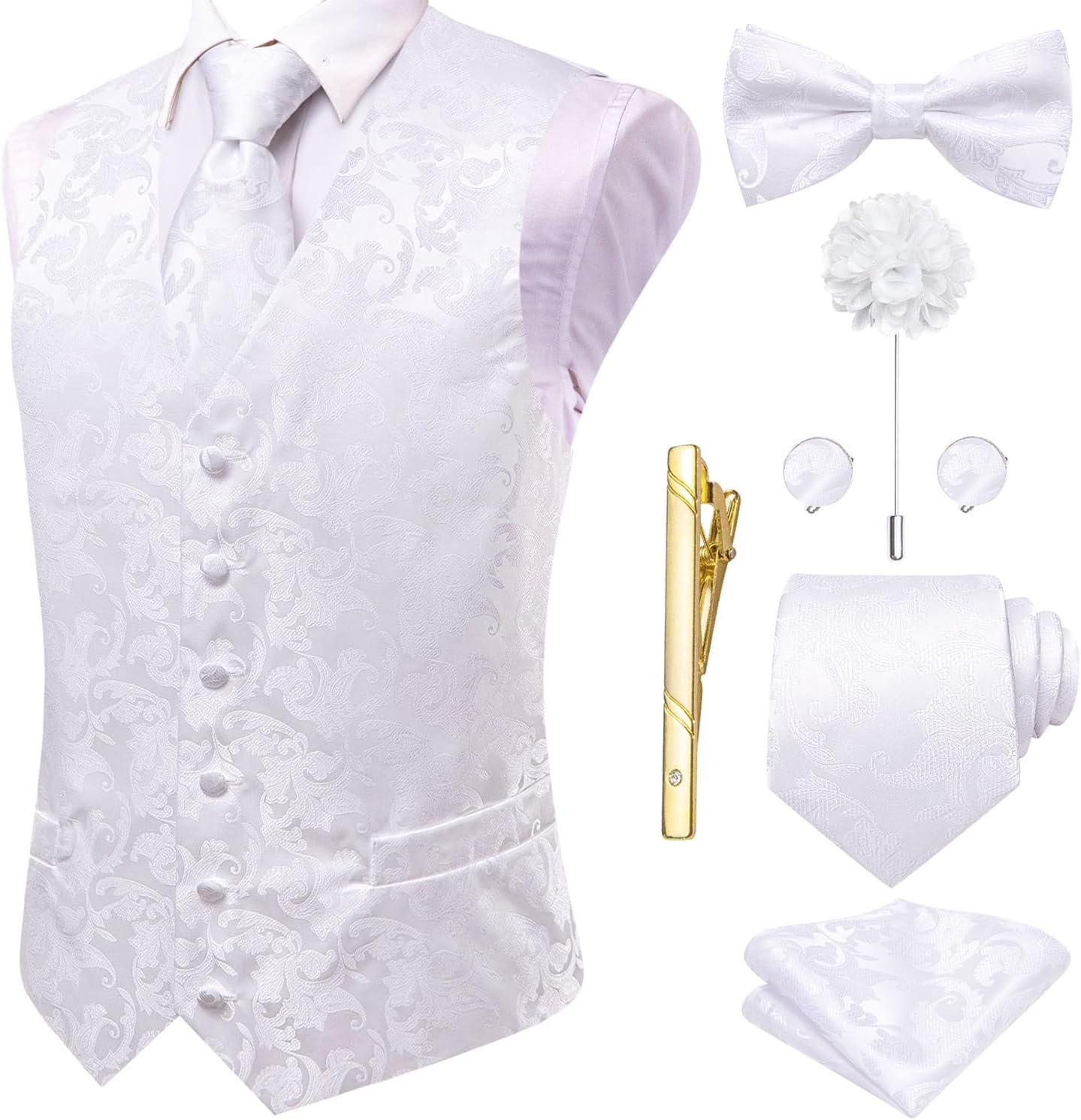 Hi-Tie Silk Mens Suit Vest Set with Tie and Bowtie for Weddings