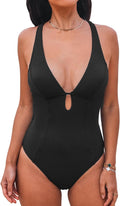 One Piece Swimsuit Deep V Neck Keyhole Cutout O Ring - Flattering Fit