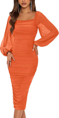 Women's Long Puff Sleeve Ruched Midi Bodycon Dress - Flattering Fit