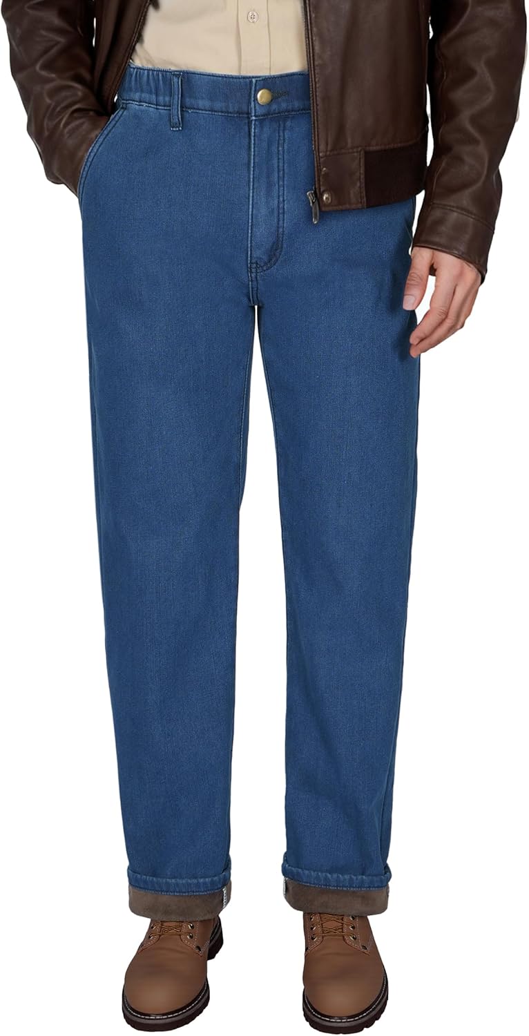 Soojun Mens Elastic Waist Fleece Lined Jeans for Winter Comfort