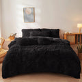 Black Fur Comforter Cover Set Queen - Ultra Soft Fluffy Plush Bedding