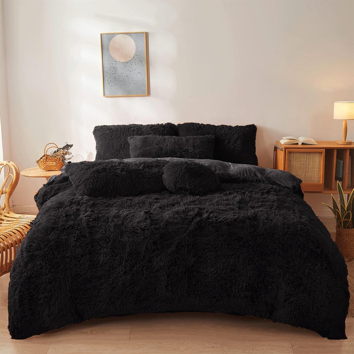 Black Fur Comforter Cover Set Queen - Ultra Soft Plush Bedding