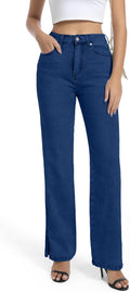 High Waisted Womens Straight Leg Jeans - Stretchy Split Hem Style