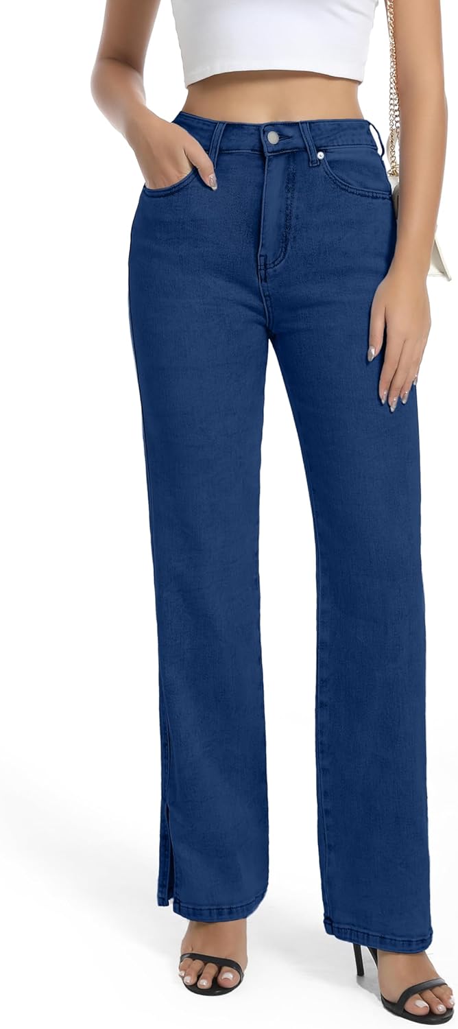 Womens High Waisted Stretchy Straight Leg Split Hem Jeans