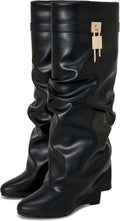 Fold Over Pointy Pull-on Wedge Heel Knee Shark Boot - Stylish Tall