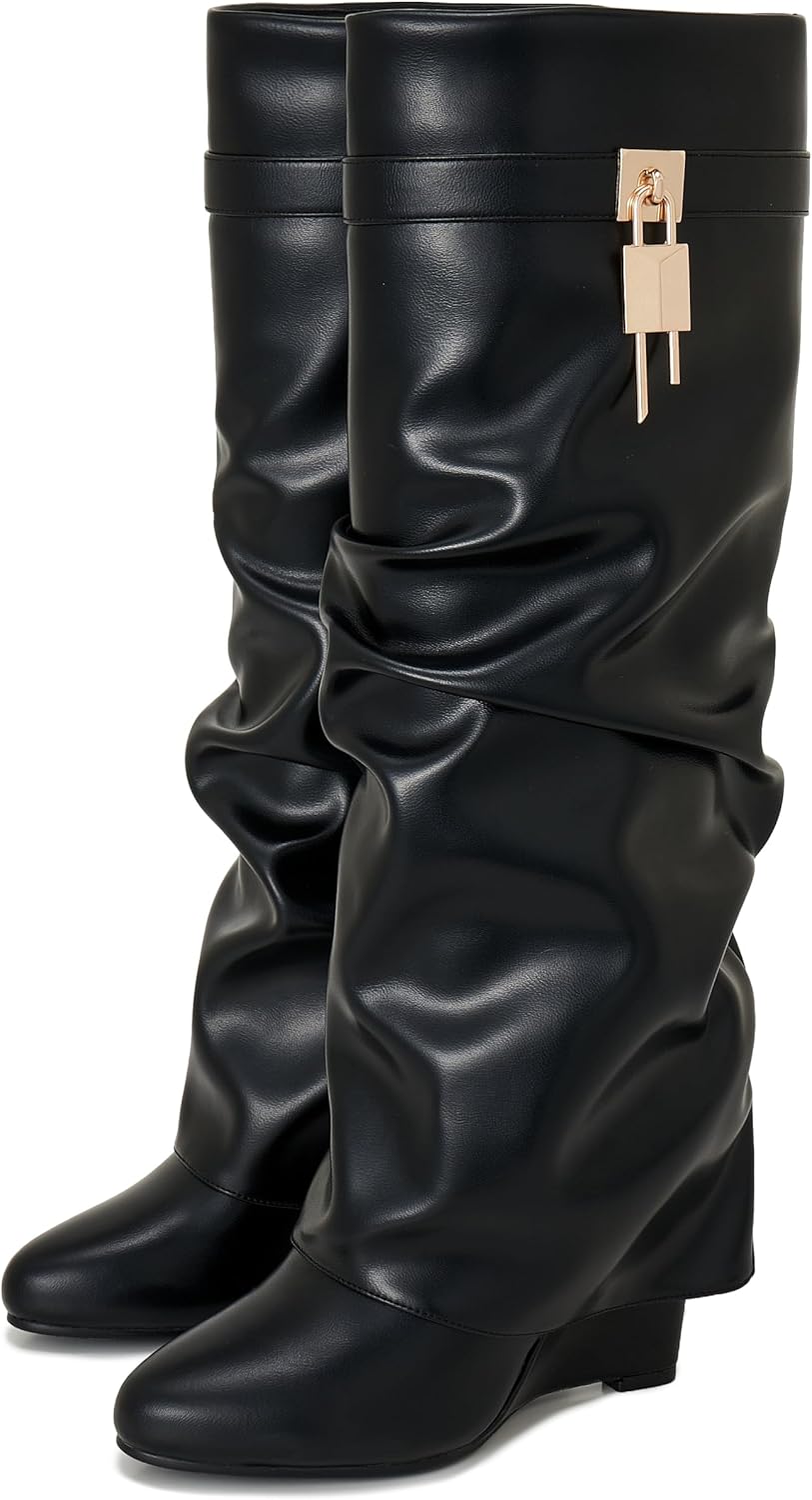 Fold Over Boots for Women with Pointy Wedge Heel and Zipper