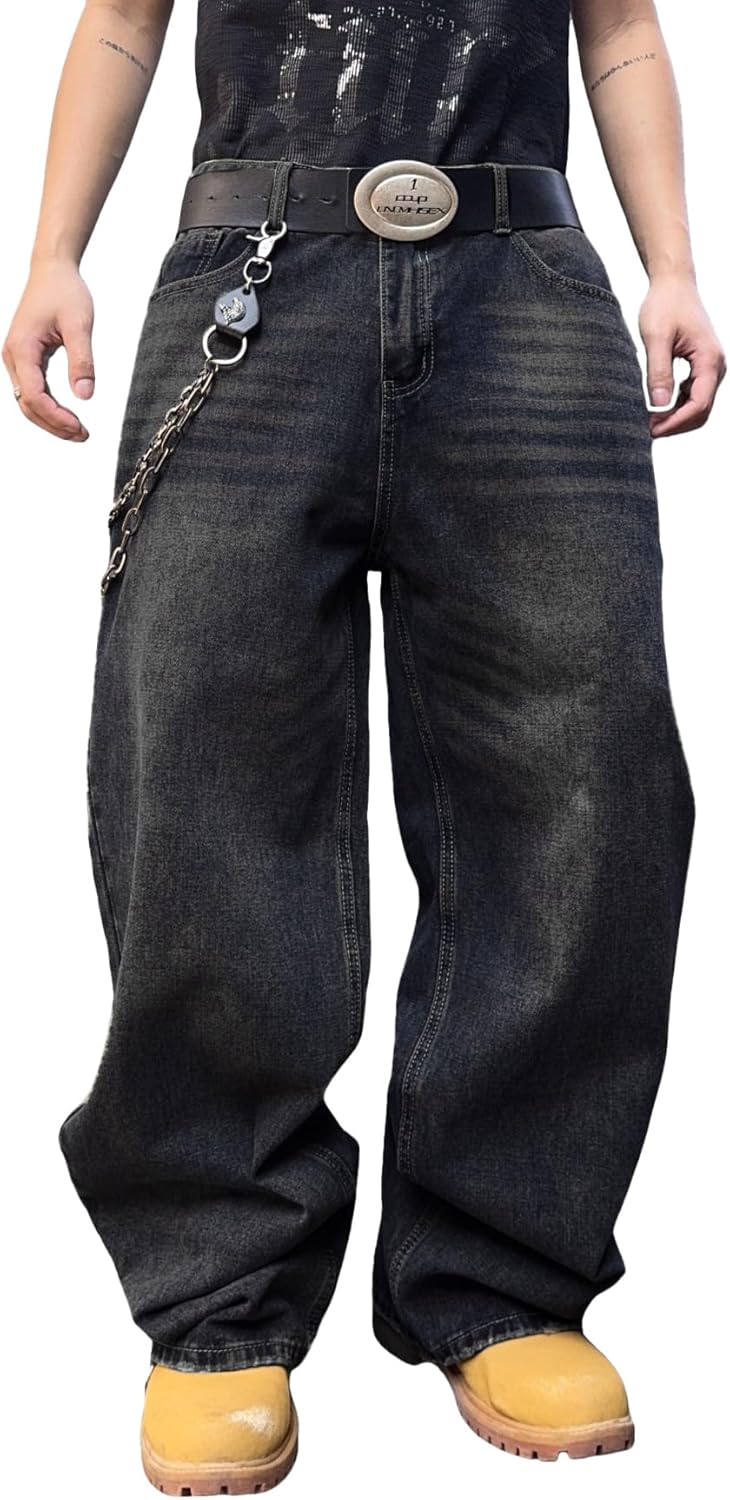 Mens Streetwear Baggy Jeans Wide Leg Skater Denim Pants