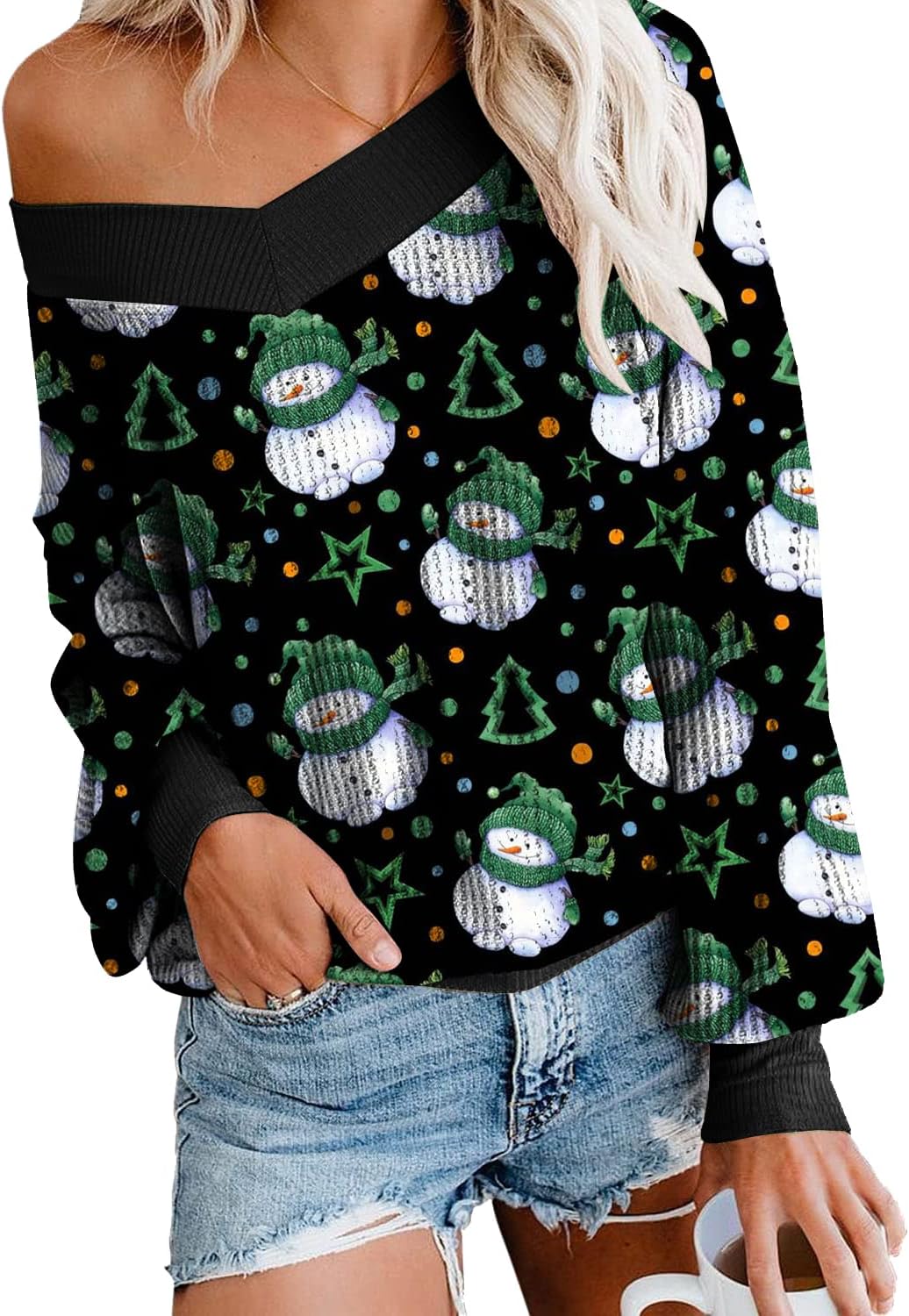 VILOVE Ugly Christmas Sweatshirt - Cozy Off Shoulder Style