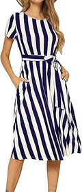 Short Sleeve Striped Casual Flowy Midi Belt Dress - Flattering Summer