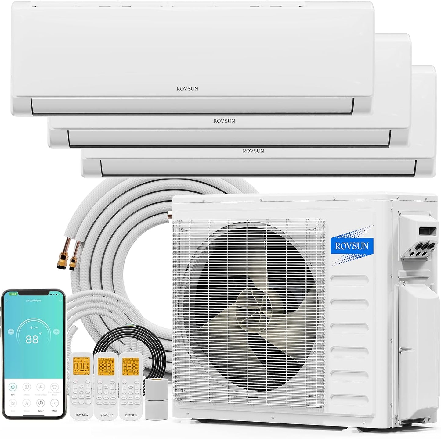 ROVSUN Tri Zone WiFi Mini Split AC, Efficient 27000 BTU Heating/Cooling System