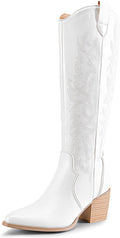 Womens Cowboy Boots Wide Calf Knee High - Comfortable Chunky Heel