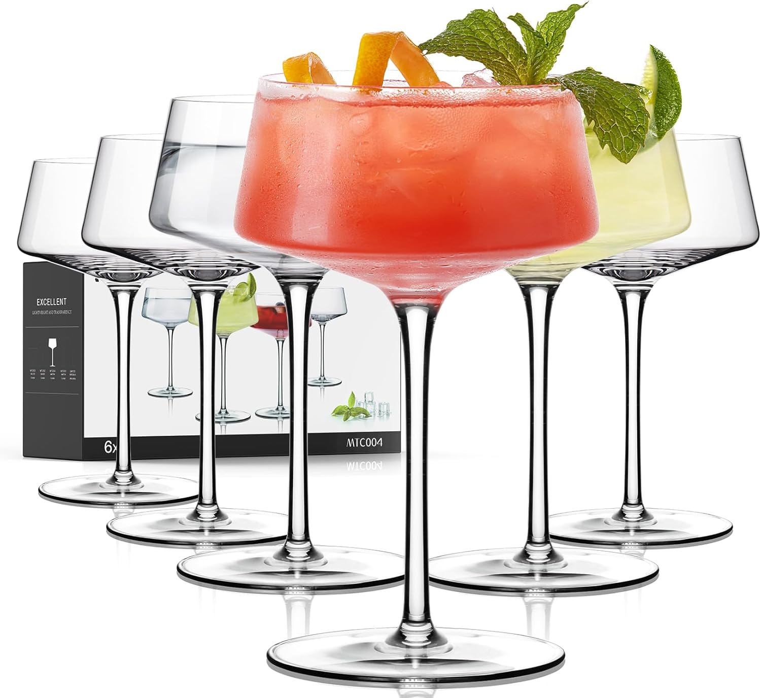 Hand Blown Premium Crystal Coupe Glasses Set of 6 for Cocktails