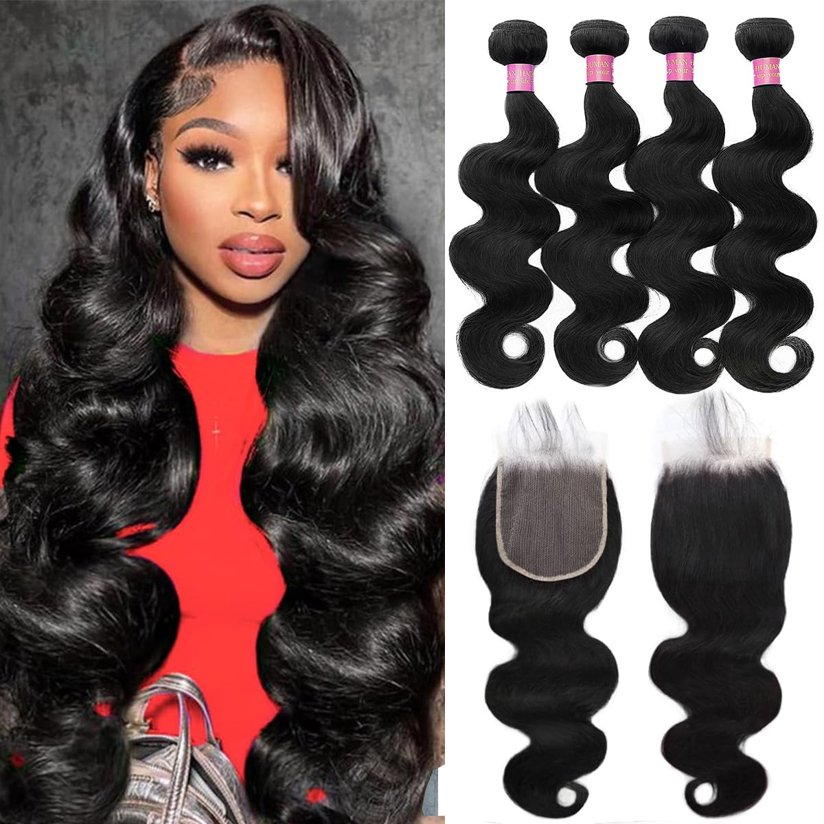 Bundles Human Hair with Closure 12A Body Wave Natural Black