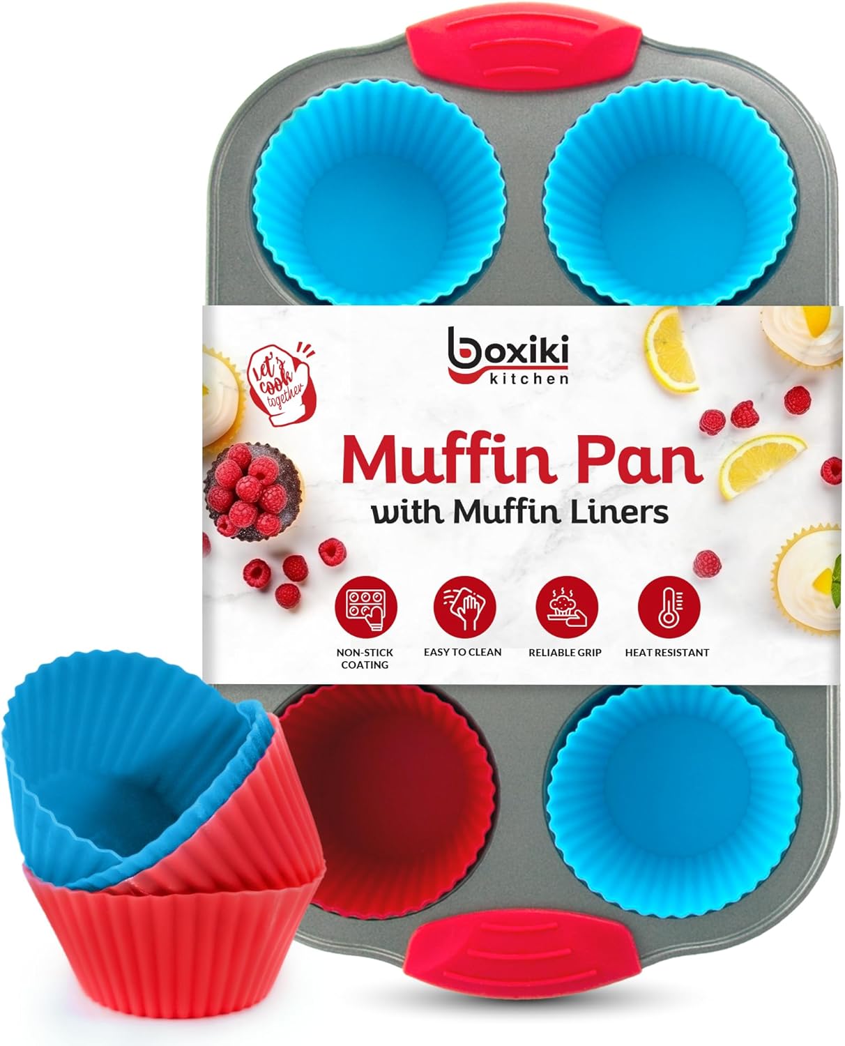 Boxiki Kitchen Non-Stick 6 Cup Muffin Pan with Silicone Handles