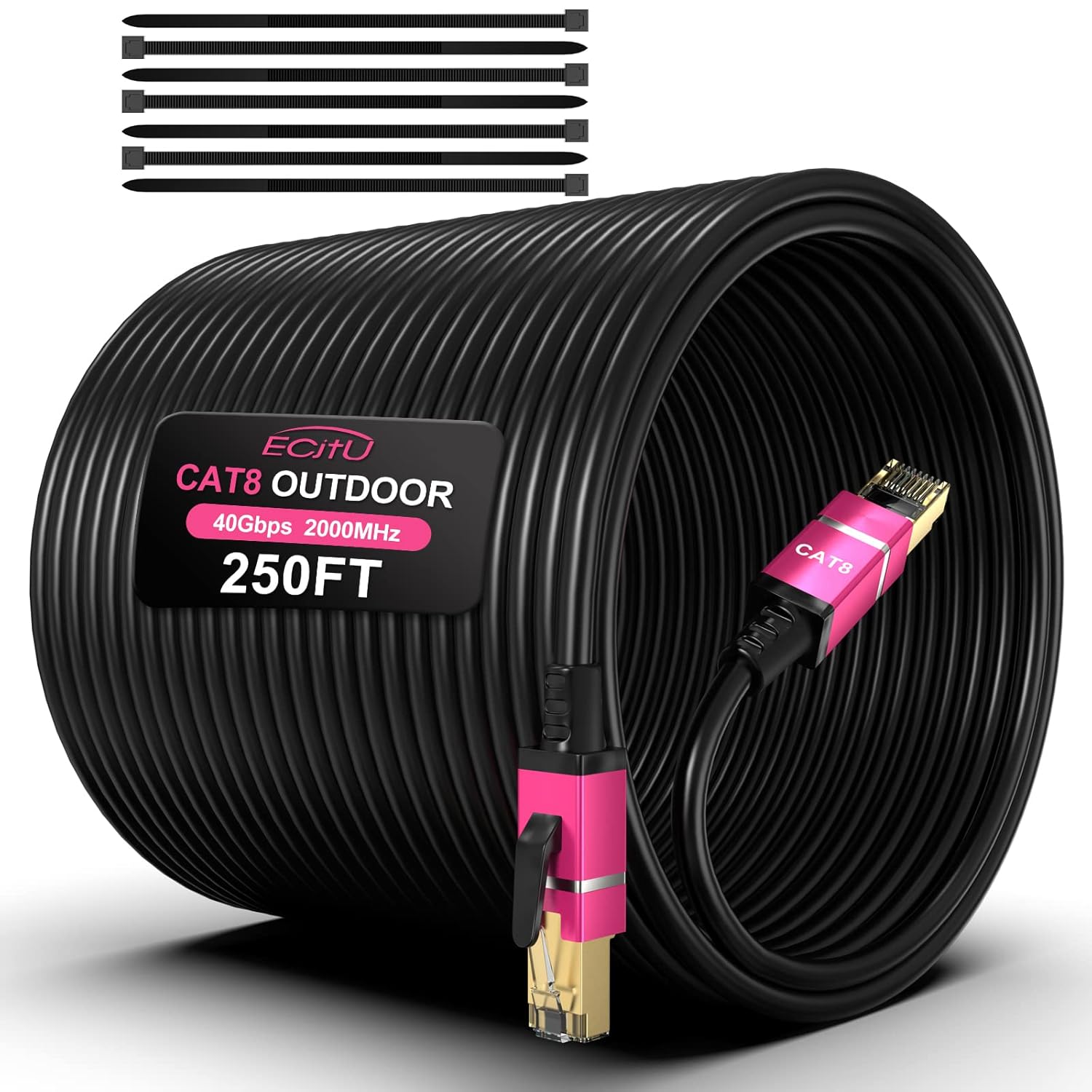 250FT Cat8 Outdoor Ethernet Cable: Waterproof & 40Gbps Speed