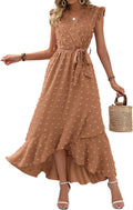 Women V Neck Summer Dress Swiss Dot Maxi - Flowy Boho Ruffle