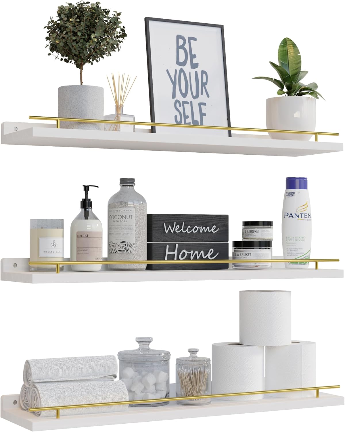 WOPITUES Floating Shelves Set of 3 with Gold Metal Guardrail