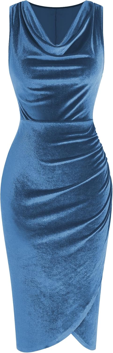 Elegant Velvet Cocktail Dresses for Women - Cowl Neck Bodycon