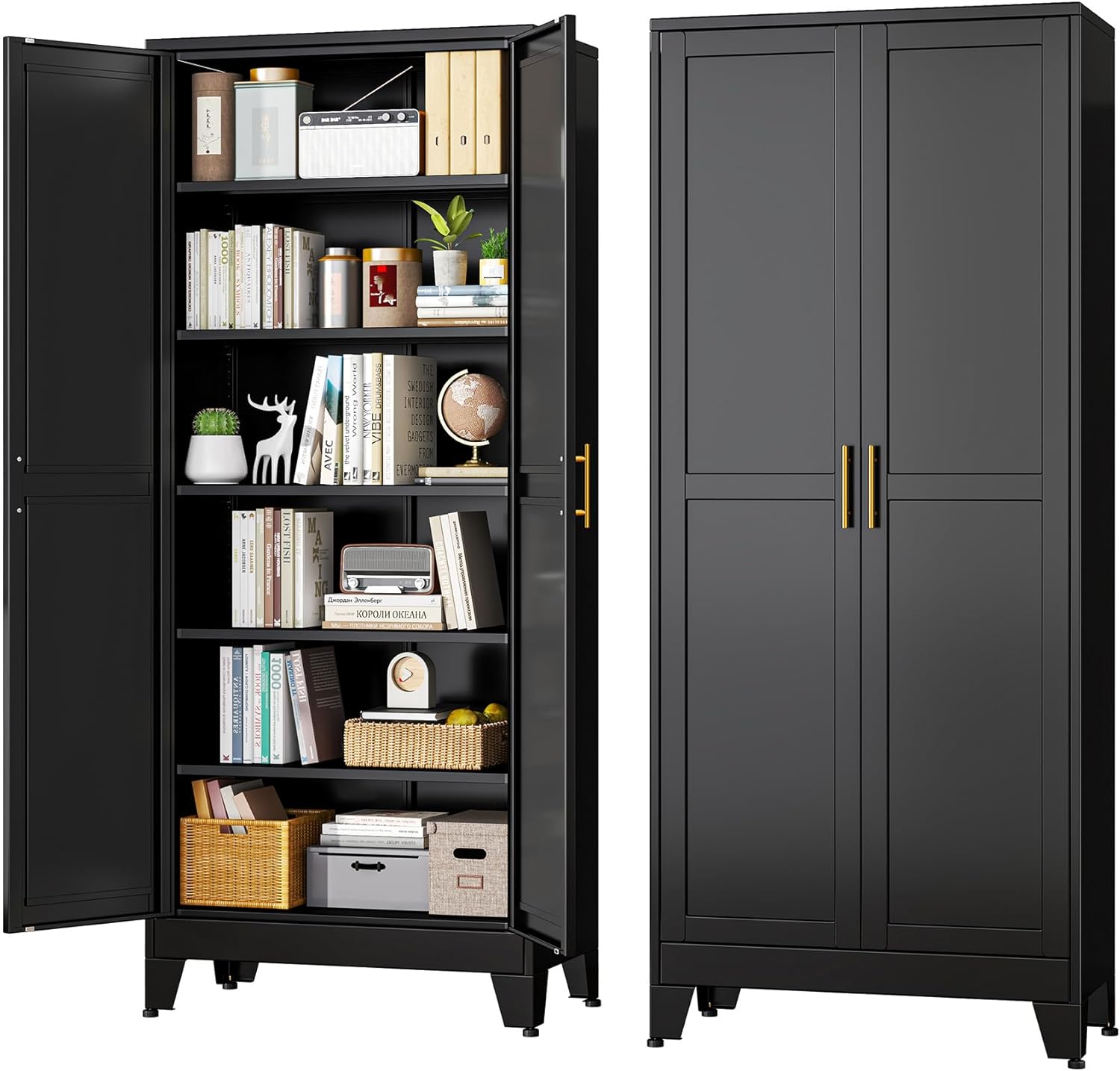 Black Metal Storage Cabinet with Adjustable Shelves for Home Use