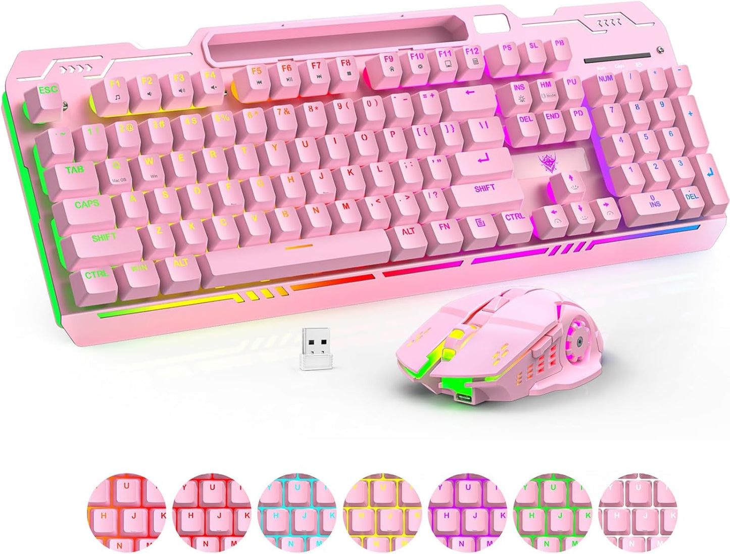 Wireless Gaming Keyboard & Mouse Combo - RGB Backlit, Mechanical Feel, 6D 4800DPI, Pink