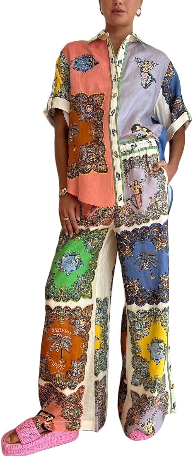 Perbai Womens Summer Print 2 Piece Linen Sets for Comfort