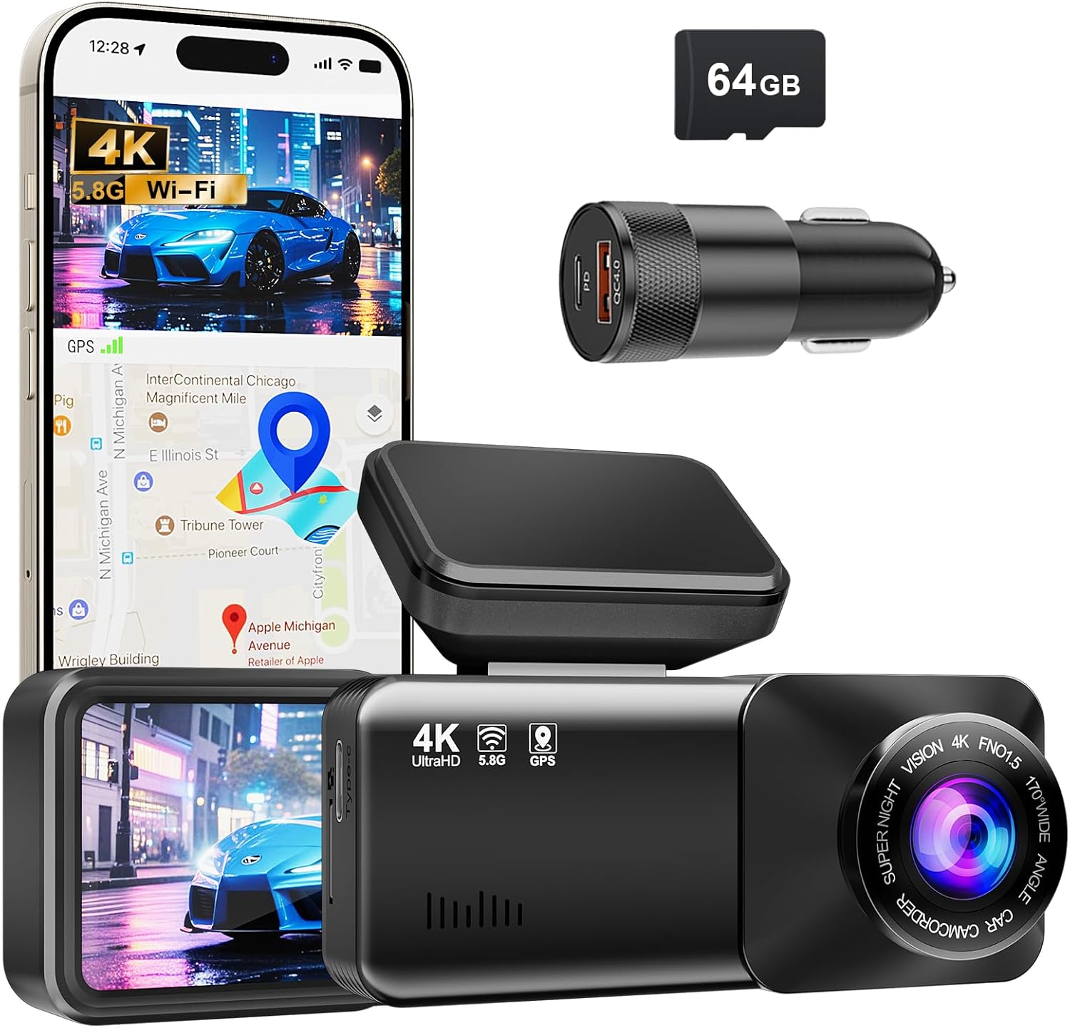 4K Ultra HD Dash Cam with GPS and Night Vision Features