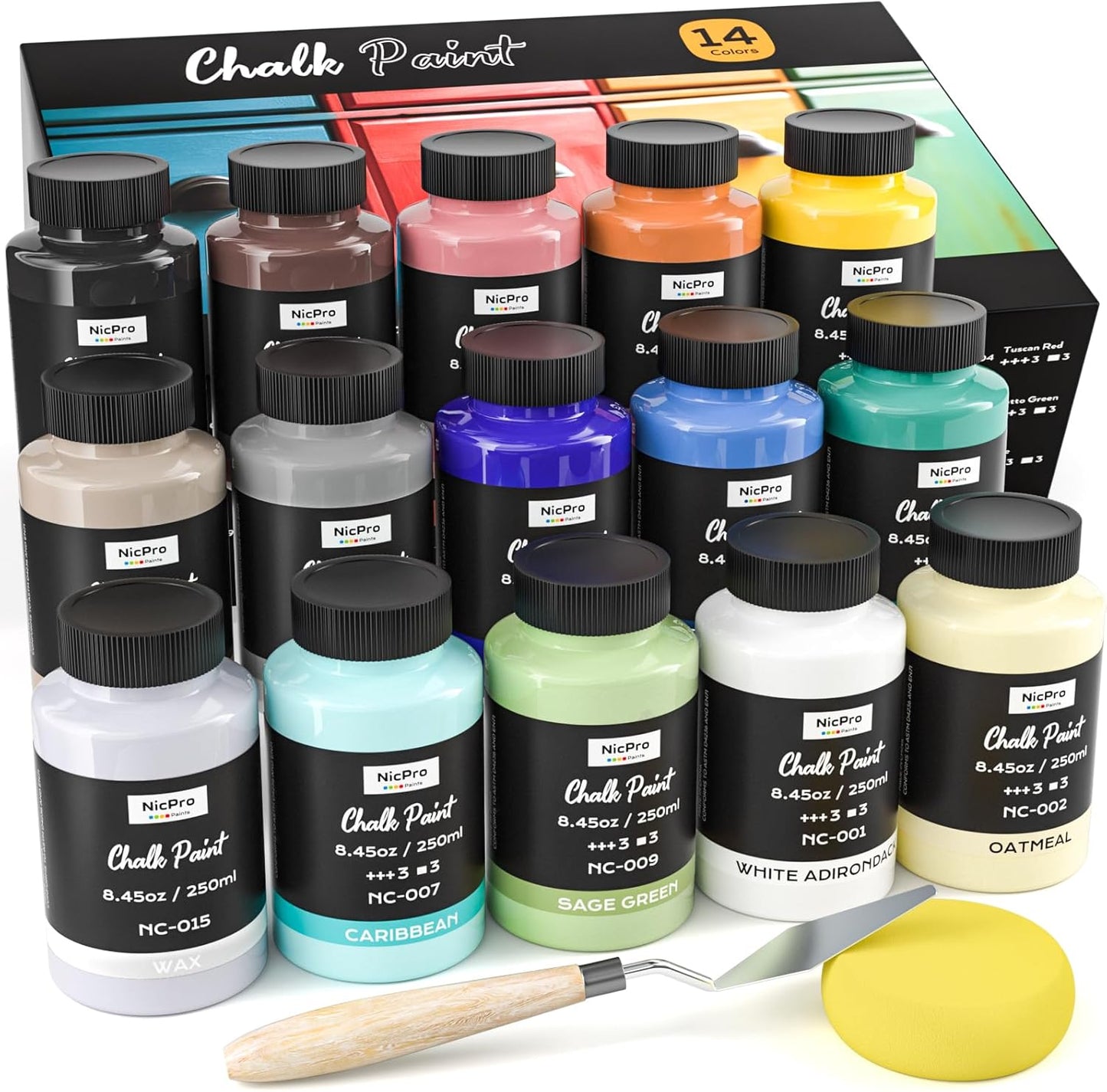 Nicpro 14 Colors Chalk Paint Set for Furniture with Liquid Wax