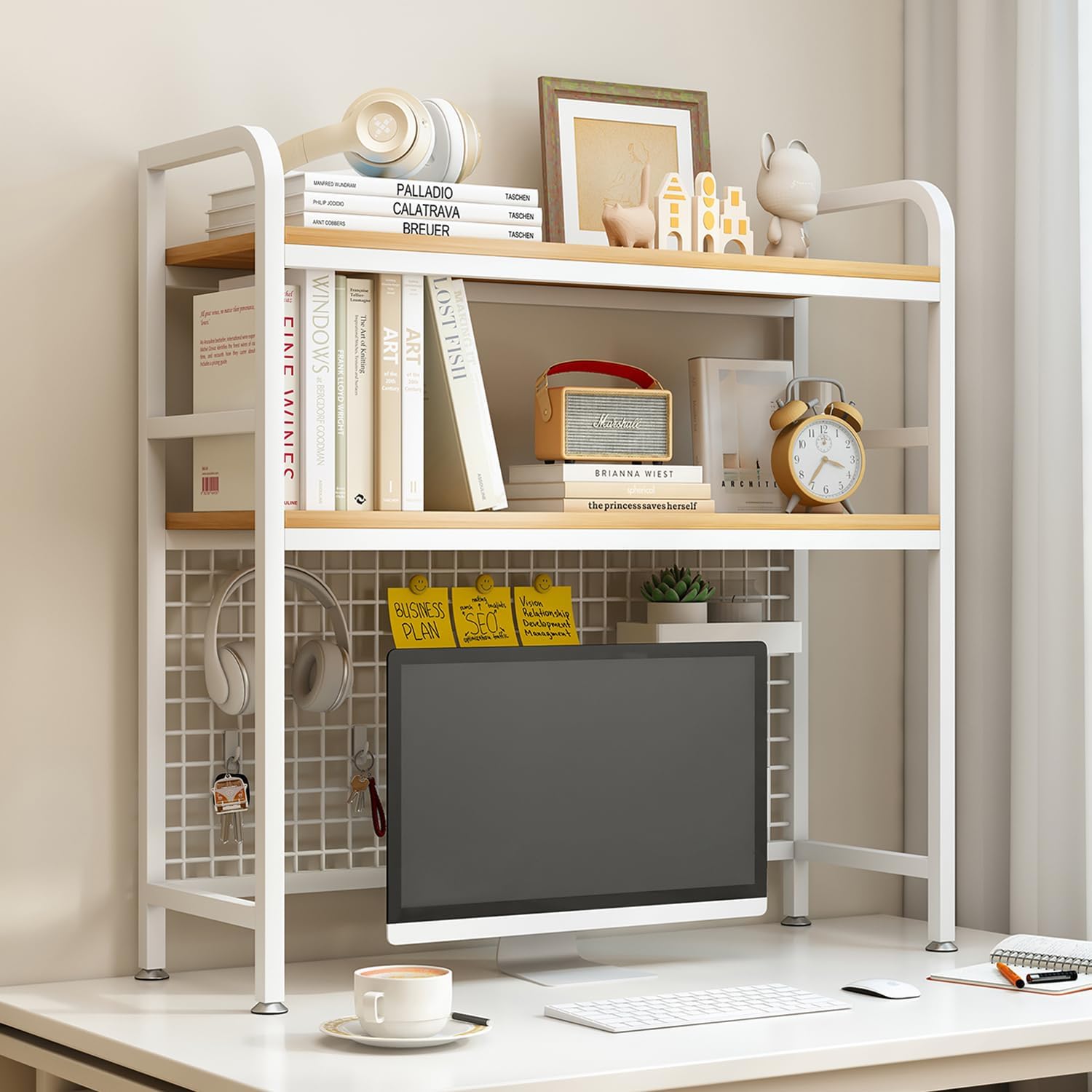 IOTXY 2-Tier Desktop Hutch Bookshelf for Organized Storage