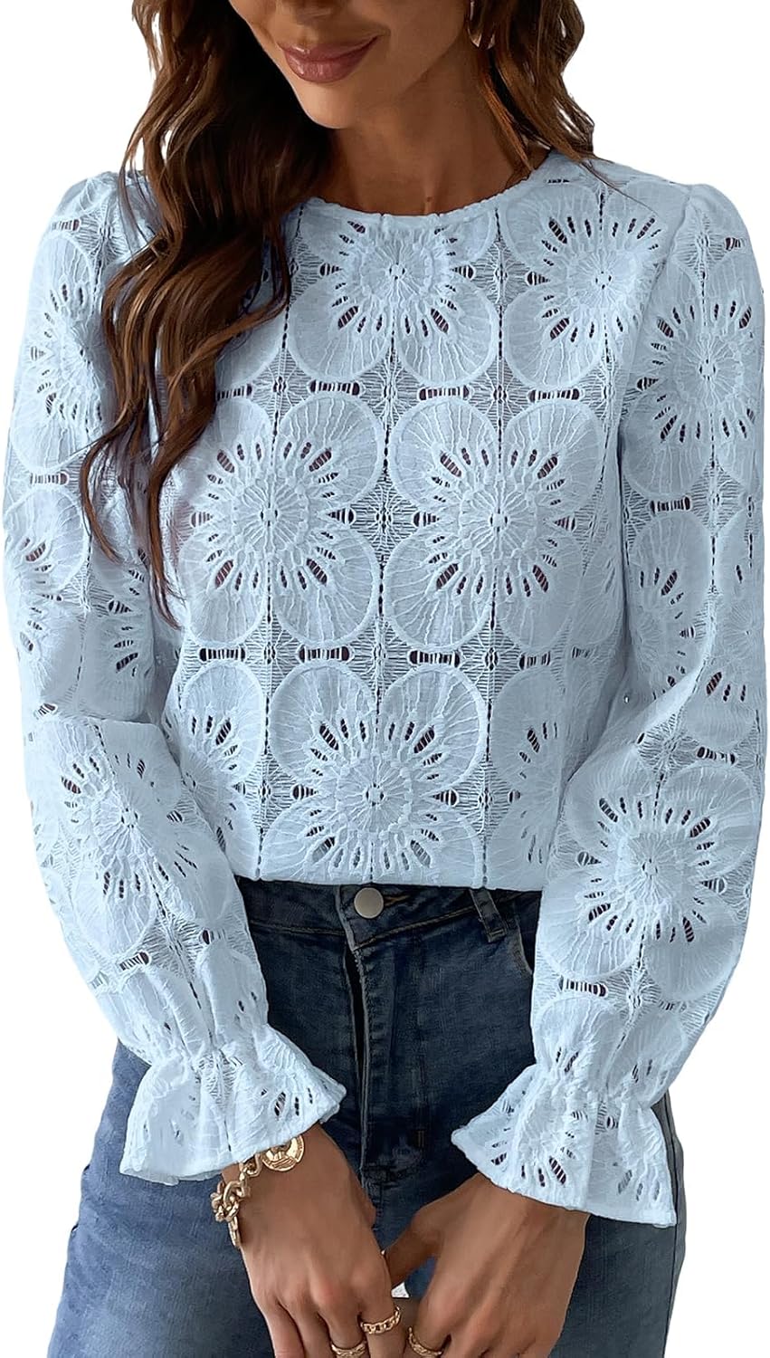 CUPSHE Women Eyelet Long Sleeve Tops for Trendy Spring Fashion