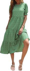 Summer Floral Boho Midi Sun Dress - Flowy Puff Sleeve Sundress Casual