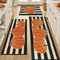 Fall Orange Pumpkins Black Beige Stripes Kitchen Rug Set - 3 Piece
