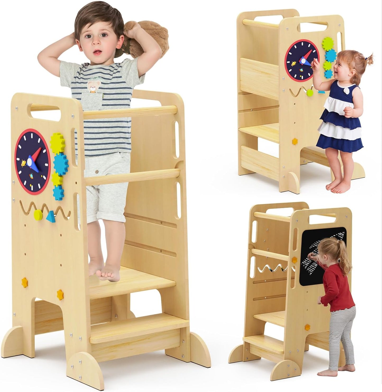 Wooden Toddler Tower with Chalkboard for Creative Independence
