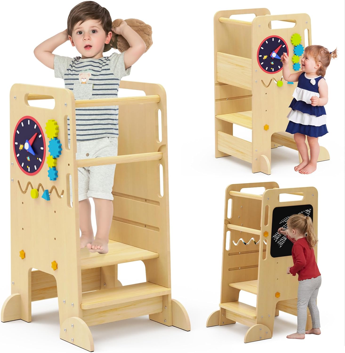 Wooden Toddler Tower with Chalkboard for Creative Independence