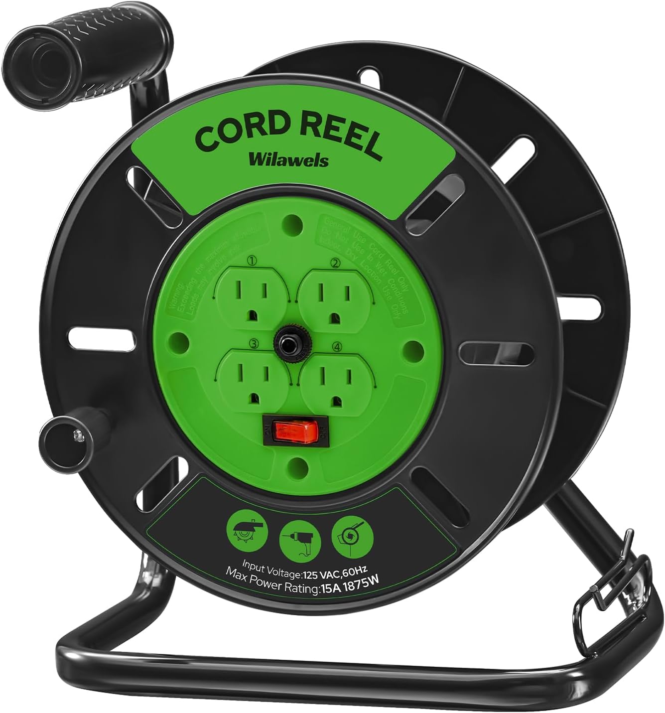 Extension Cord Storage Reel with 4 Outlets and Circuit Breaker