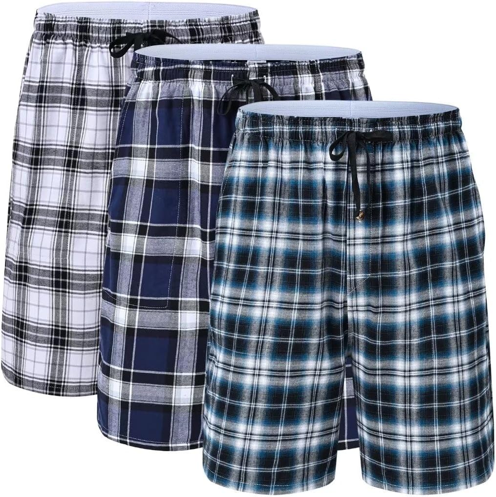 Men's Cotton Plaid Sleepwear Shorts with Pockets for Comfort