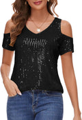 Womens Sparkly Sequin Cold Shoulder V Neck Top - Party Ready